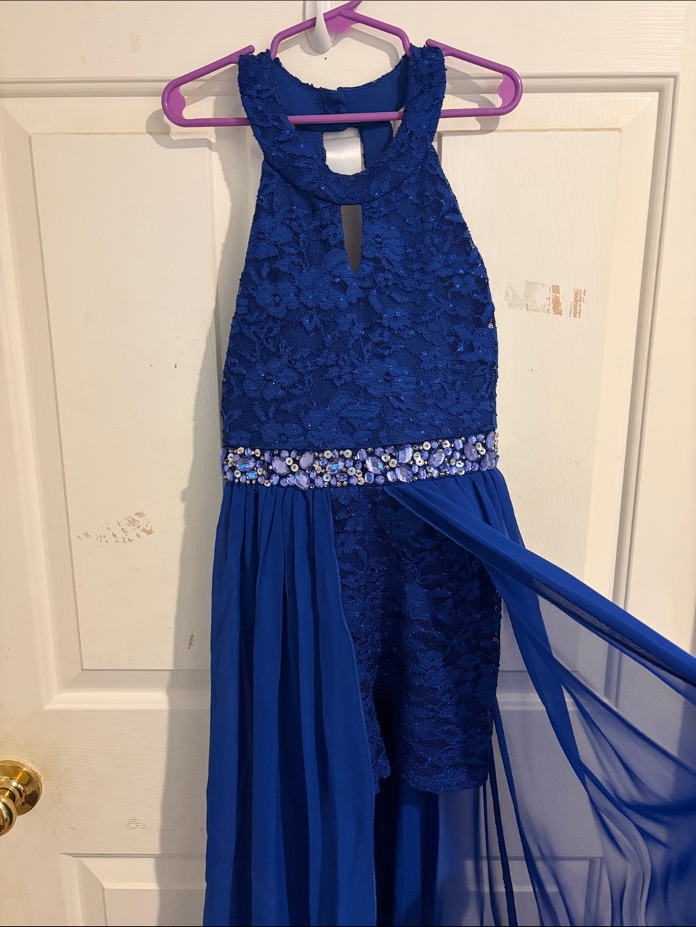 Girls Royal Blue Lace & Chiffon shorts romper with Beaded Waist and sheer cover